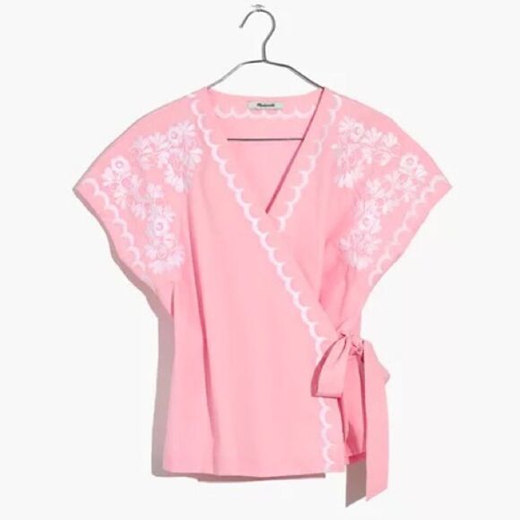Madewell Tops - Madewell Pink Wrap Blouse with White Embroidery